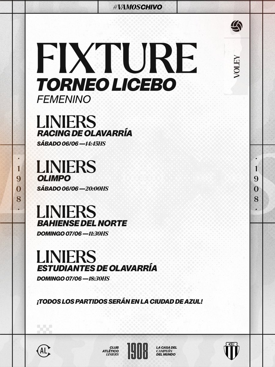 CALiniers's tweet photo. 🏐 #Voley 

📅 Este sábado 6 y domingo 7 de junio se viene un nuevo fin de semana de la LICEBO en la ciudad de Azul. 

➡️ En las imágenes el cronograma de partidos. 

¡EXITOS CHIVOS Y CHIVAS! 🏴🏳️ 

#VamosChivo 🐐 https://t.co/jSJh5oWjdo