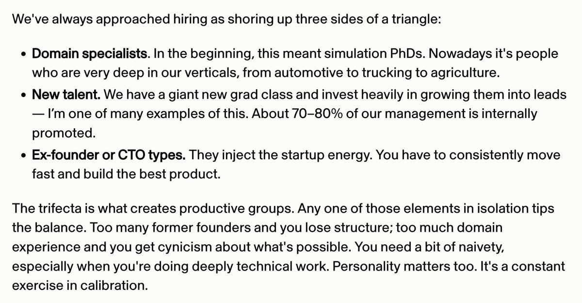 firstround's tweet photo. There’s no single archetype of someone who works at @AppliedInt. But most fall into one of three buckets: The domain specialists (like AV simulation PhDs), new talent (there’s always a big cohort of recent grads) and ex-founder or CTO types (they infuse the “startup” energy, even in a company of 1,300+ people).

One of Applied's earliest employees, @malharhar — who was a new grad when he joined in 2019 — shares a firsthand account of what makes the company culture so distinctive.