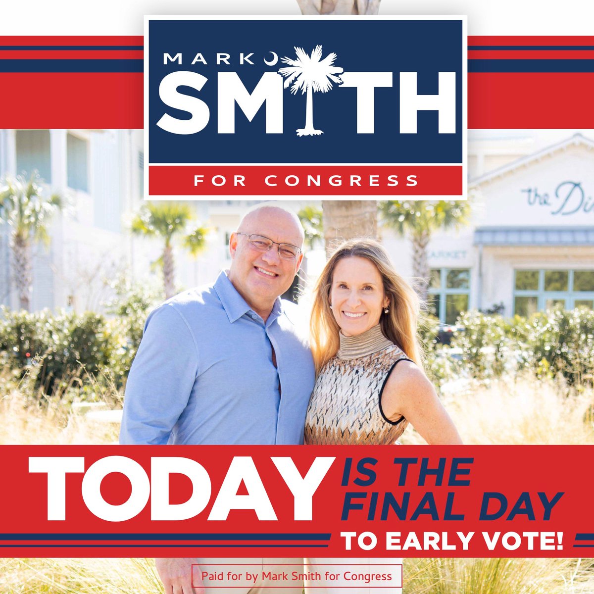 VoteMarkSmith's tweet photo. Today is the final day to vote early in the GOP Primary!

Over the past several months, I've traveled across the Lowcountry listening to families, small business owners, veterans, and retirees about the challenges they face every day.

They're worried about affordability, illegal immigration, government spending, and preserving our way of life.

I've spent my life delivering results on those issues, and I'd be honored to earn your support.

Find your voting location here: https://t.co/Dv8kNP5aro

Let's finish strong.