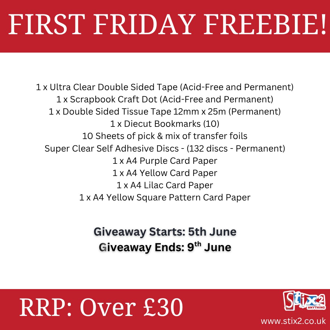stix_2's tweet photo. First Friday Freebie Giveaway is now LIVE! 🎉 How to enter: Like and retweet our post for a chance to win!!  The winner will be announced on Tuesday 9th June! 📷 📷#Giveaway #Competition #Crafts #Prize https://t.co/1P8yP5gUDl