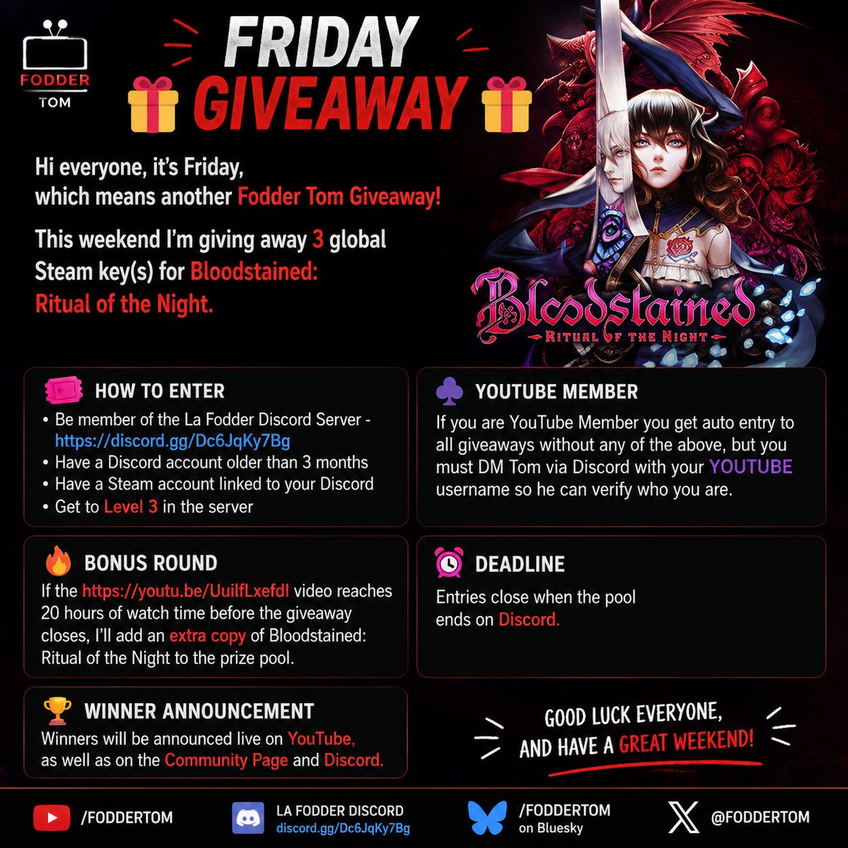 FodderTom's tweet photo. Discord Giveaway #1

Discord link - https://t.co/gtV3043hT6
Youtube Video for bonus - https://t.co/OV8MwPNTYb

#giveaway #freegames #friday https://t.co/G76PZdOIE1