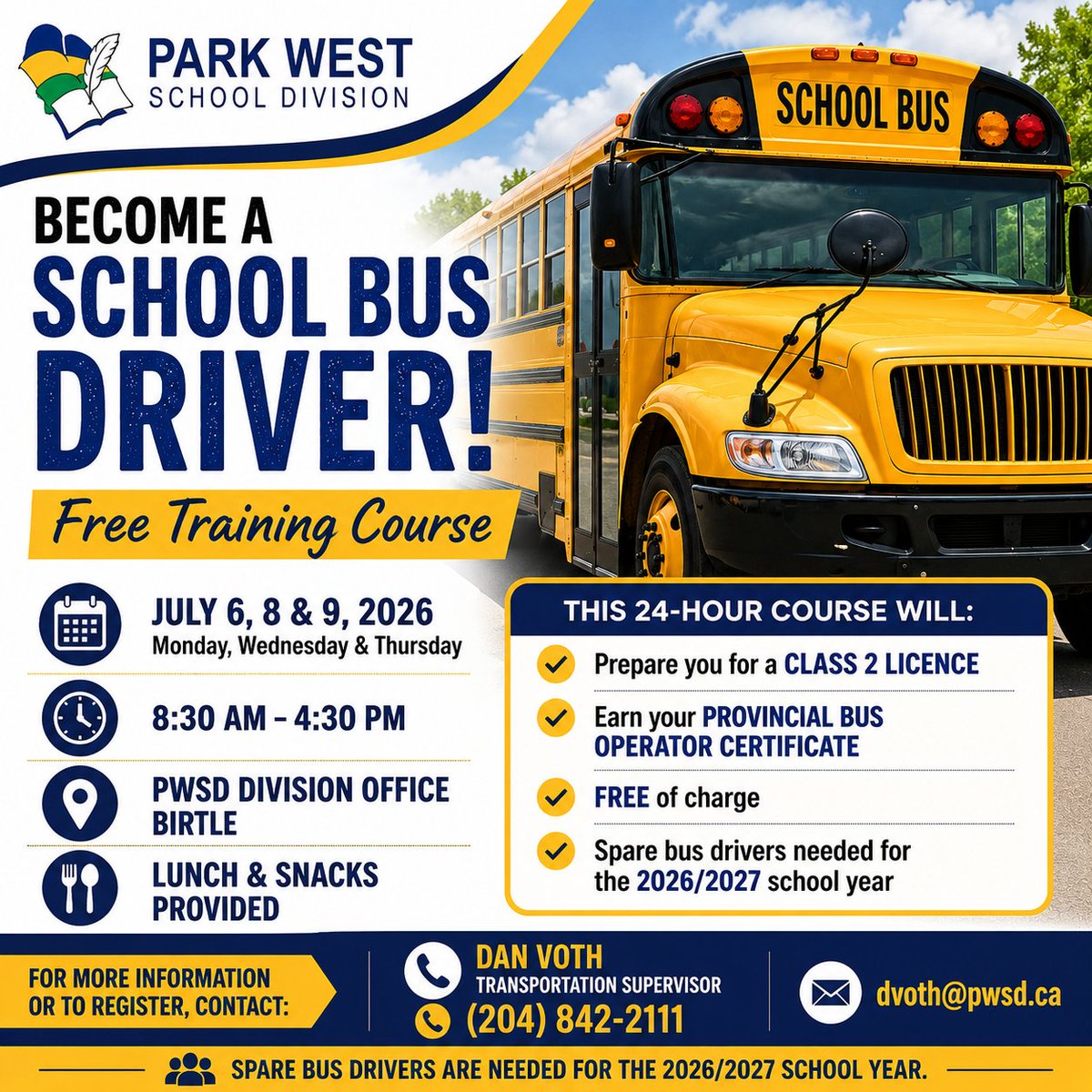 ParkWestSD's tweet photo. 🚦 Ready for a new challenge?

PWSD's FREE School Bus Driver Training Course begins next week.

If you've ever considered becoming a bus driver, now is the perfect time to get started.

📞 Register today. https://t.co/zPC9r0EwGf