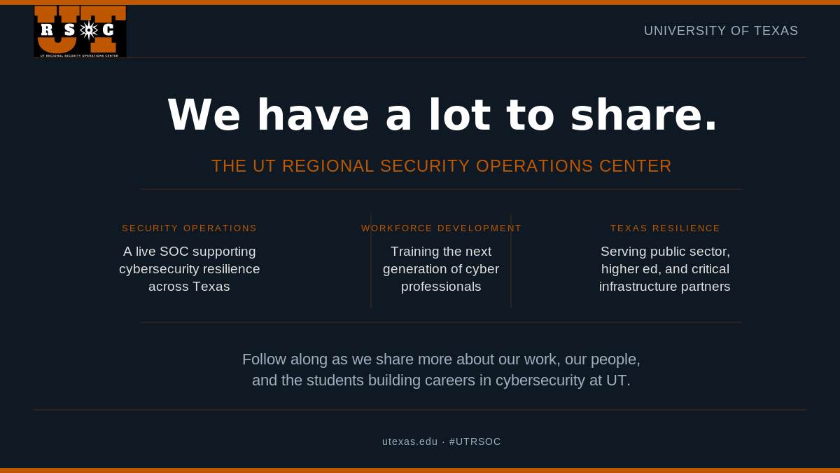 UT_ISO's tweet photo. We run a live SOC at UT. Student analysts doing real cybersecurity work, supporting Texas organizations, building careers in security. That's UT-RSOC. #UTRSOC #Cybersecurity https://t.co/BLb21X6atn