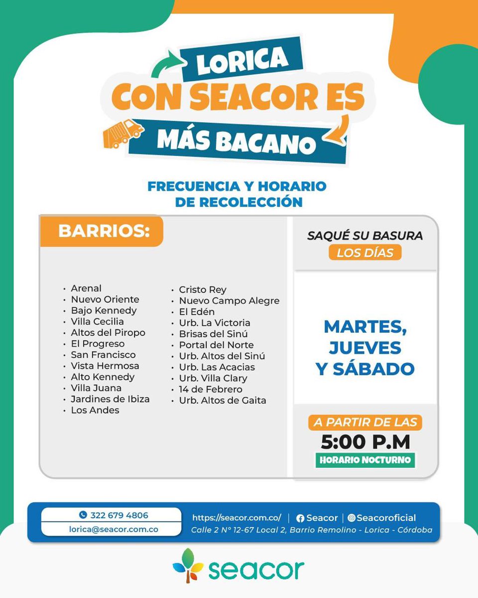 laflechaco's tweet photo. ATENCIÓN ‼️ LORICA 🗣️
Aviso de interés 
En @seacoroficial trabajamos para hacer de su municipio el más Bacano! Recuerde las frecuencias y horarios de recolección. https://t.co/wEn4xx0X7g