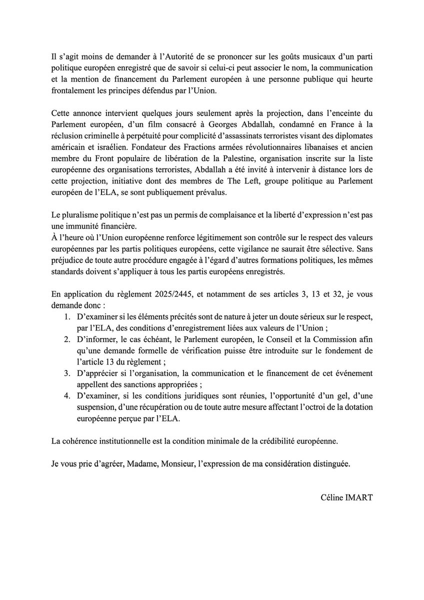CelineImart's tweet photo. L’argent europén ne doit jamais offrir de respectabilité institutionnelle à ceux qui piétinent nos valeurs. Je saisis l’Autorité pour les partis politiques européens sur l’organisation par l’extrême-gauche d’un meeting avec le rappeur Médine, sous mention de financement européen. 

Après avoir fait intervenir cette semaine le terroriste Georges Abdallah, LFI renouvelle sa complaisance avec l’antisémitisme et la glorification du terrorisme.
Je ne laisserai rien passer.