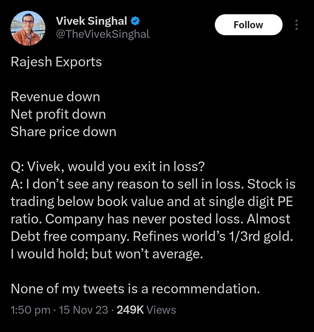 darvasboxtrader's tweet photo. Many people are trolling Vivek Singhal @TheVivekSinghal by digging up old posts related to #RajeshExports and questioning his views.
I don't know him, neither his strategy.
But I feel like supporting him here...

I want to tell you one thing, 
if a company's numbers themselves are fabricated, it is not easy to detect that simply by looking at financial statements. As investors or financial influencers, we build our conviction based on the information available in the public domain.

Yes, when technicals and fundamentals are not aligned, it may raise questions and you have to take a call.
You can't make money blaming others..

#DARVAS🥸