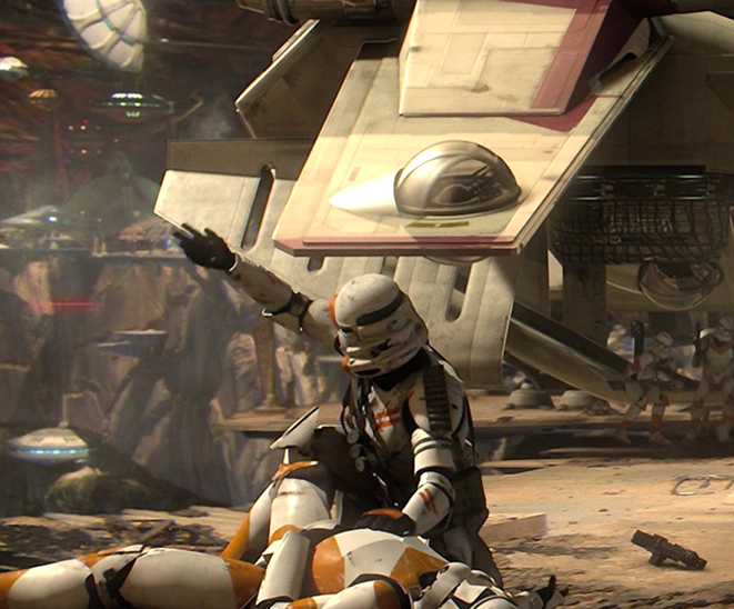 Knightly_Hist's tweet photo. The clone jumping on the crab droid is peak cinema but what always stuck with me is the Paratrooper attending to the wounded and... Just the Paratrooper armor in general. https://t.co/eKmg1grwbI