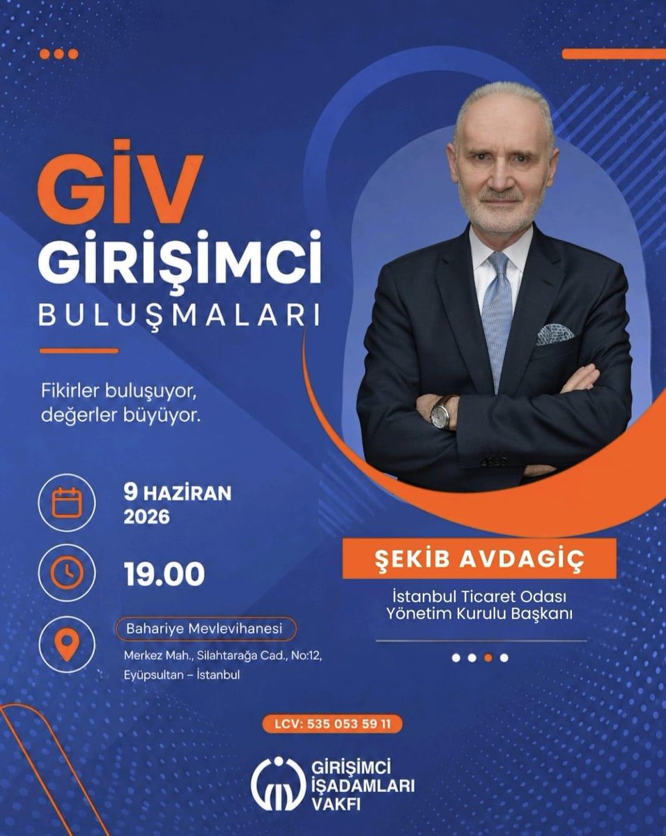 insanmedeniyet's tweet photo. İnsan ve Medeniyet Hareketi (İMH) ihtisas kurumlarından Girişimci İşadamları Vakfı (GİV) tarafından düzenlenen "GİV Girişimci Buluşmaları", 9 Haziran 2026 Salı günü İstanbul Ticaret Odası Yönetim Kurulu Başkanı Şekib Avdagiç'in katılımıyla gerçekleştirilecek.

"Fikirler buluşuyor, değerler büyüyor" mottosuyla hayata geçirilen GİV Girişimci Buluşmaları programında, iş dünyasındaki güncel gelişmeler, ticari vizyonlar ve girişimcilik fırsatları ele alınacak. 

📅 09.06.2026
⏰ 19.00
📍 İnsan ve Medeniyet Hareketi Genel Merkezi Bahariye
📝 LCV Başvuru ve Katılım Formu: https://t.co/AwI5bACjwl