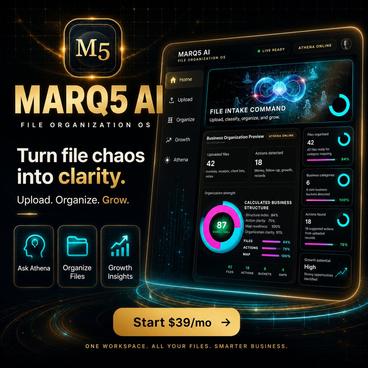 MIBANIMATIONS's tweet photo. MARQ5 AI business file organization system that helps entrepreneurs and business owners turn scattered files into a clean, structured command center.
Upload invoices, receipts, client lists, notes, menus, photos, and documents, then let Athena organize. 
https://t.co/slBMFYiupl https://t.co/XofFZWTWTD
