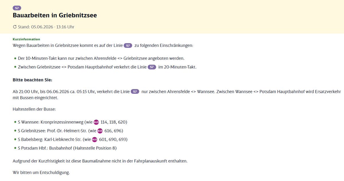 SBahnBerlin's tweet photo. #S7 +++Update+++ Bitte beachtet: Ab 21:00 Uhr, bis 06.06.2026 ca. 05:15 Uhr, verkehrt die Linie S7 nur zwischen #Ahrensfelde und #Wannsee. Zwischen Wannsee und #Potsdam_Hbf wird Ersatzverkehr mit Bussen eingerichtet.
Aufgrund der Kurzfristigkeit ist diese Baumaßnahme nicht in der Fahrplanauskunft enthalten.
Wir bitten um Entschuldigung.

Infos: https://t.co/PchDMAAPII