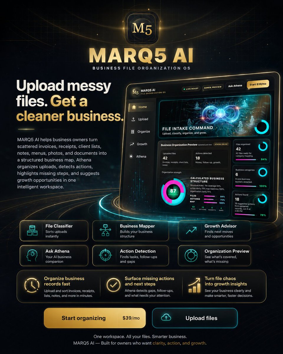 MIBANIMATIONS's tweet photo. MARQ5 AI business file organization system that helps entrepreneurs and business owners turn scattered files into a clean, structured command center.
Upload invoices, receipts, client lists, notes, menus, photos, and documents, then let Athena organize. 
https://t.co/slBMFYiupl https://t.co/XofFZWTWTD
