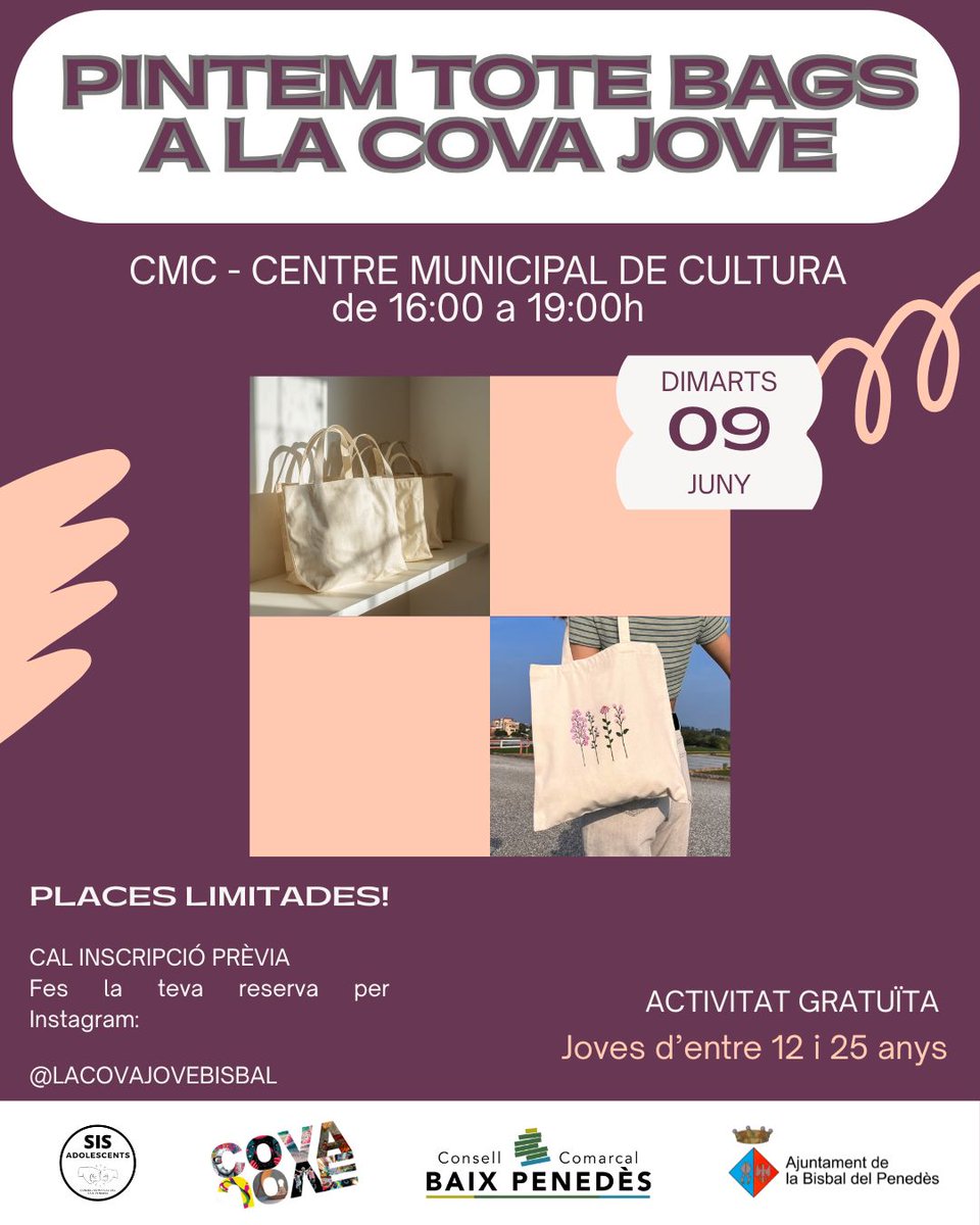 BisbalPenedes's tweet photo. JOVENTUT | 🎨 La Cova Jove de #LaBisbalDelPenedès acollirà un taller per personalitzar 'tote bags' el dimarts 9 de juny. 
📲 Les places són limitades i cal fer inscripció prèvia a través de l’Instagram de La Cova Jove:
https://t.co/6kS5qlFsR7
#BaixPenedès #Penedès https://t.co/aj3IWPS9fA