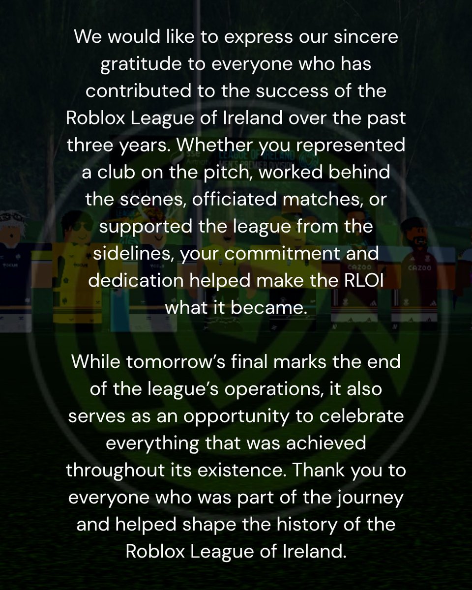 RBXLOI's tweet photo. The league will end it's operations following the Sports-Direct FAI Cup Final taking place tomorrow in Dublin.

Read our statement below ⬇️ https://t.co/fOfxLvhOyb