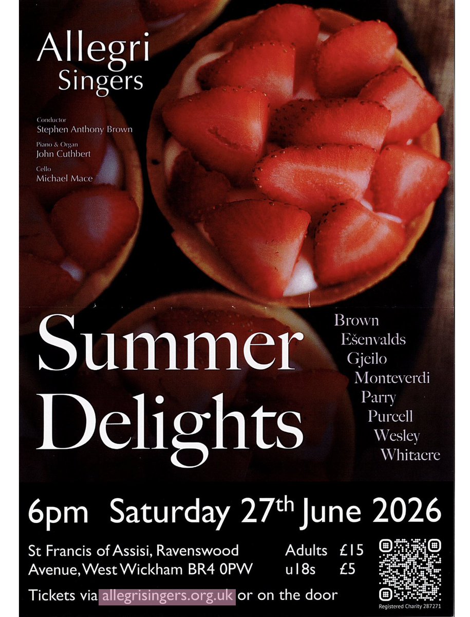 CTCandB's tweet photo. On 27 June, the Allegri Singers bring the joys of summer to St Francis of Assisi, West Wickham — from Monteverdi’s Italian madrigals to Purcell, Parry &amp; a sparkling finale of favourites by Gjeilo, Ešenvalds, and Whitacre.

Four centuries of choral music in one evening! https://t.co/rCRBz8Jjm2