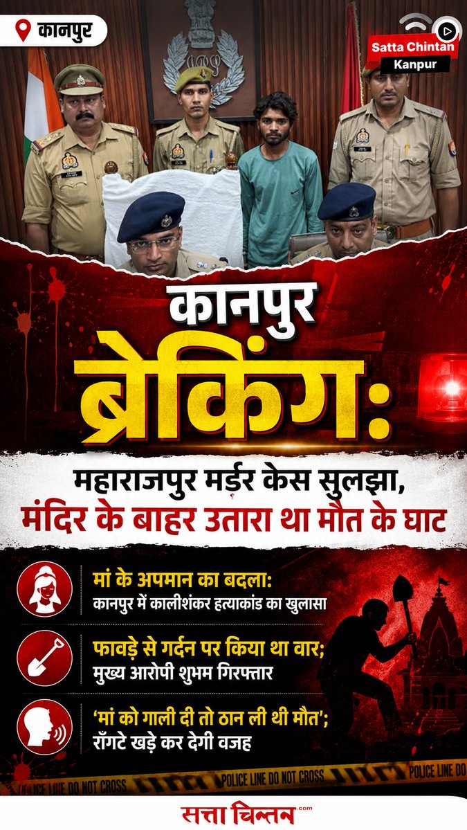 sattachintan's tweet photo. मां के अपमान का बदला: कानपुर में कालीशंकर हत्याकांड का खुलासा
फावड़े से गर्दन पर किया था वार; मुख्य आरोपी शुभम गिरफ्तार
'मां को गाली दी तो ठान ली थी मौत'; रोंगटे खड़े कर देगी वजह
#sattachintan #KanpurMurderCase #MaharajpurPolice #KanpurNews #UPCrime #BreakingNewsKanpur #Encounter https://t.co/sjGwHtjBp0