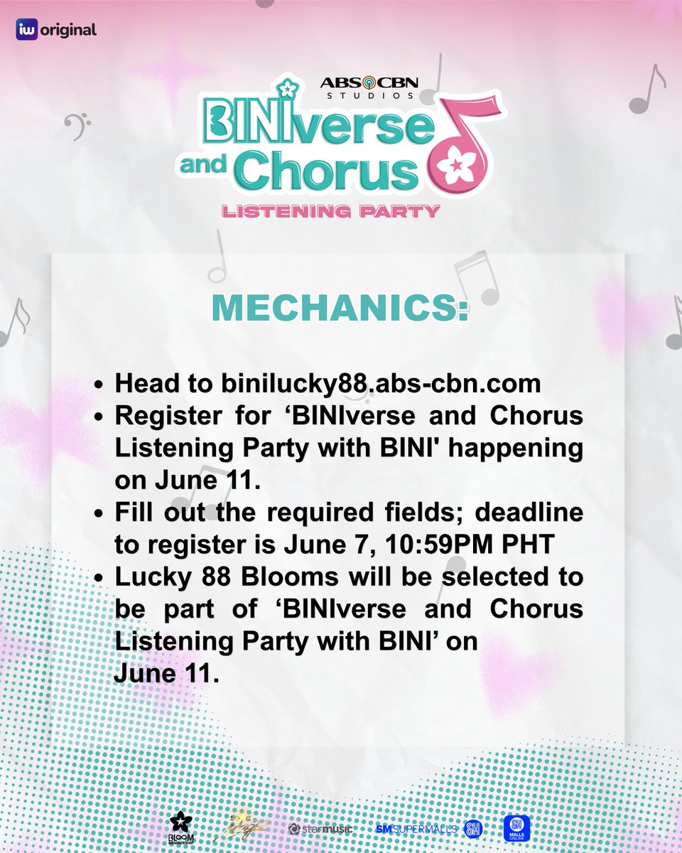 ABSCBNNews's tweet photo. BLOOM Members, be one of the Lucky 88 Blooms to enjoy front-row seats and experience the BINIverse and Chorus Listening Party with BINI up close! 💝

Register here: 🔗https://t.co/whmfKB3acs

Not a member yet? Get your membership here: 🔗https://t.co/1ENfylTN9Y 

#BINI #BINIWeverse #BINI_BLOOMMembership #BINI_BVACListeningParty