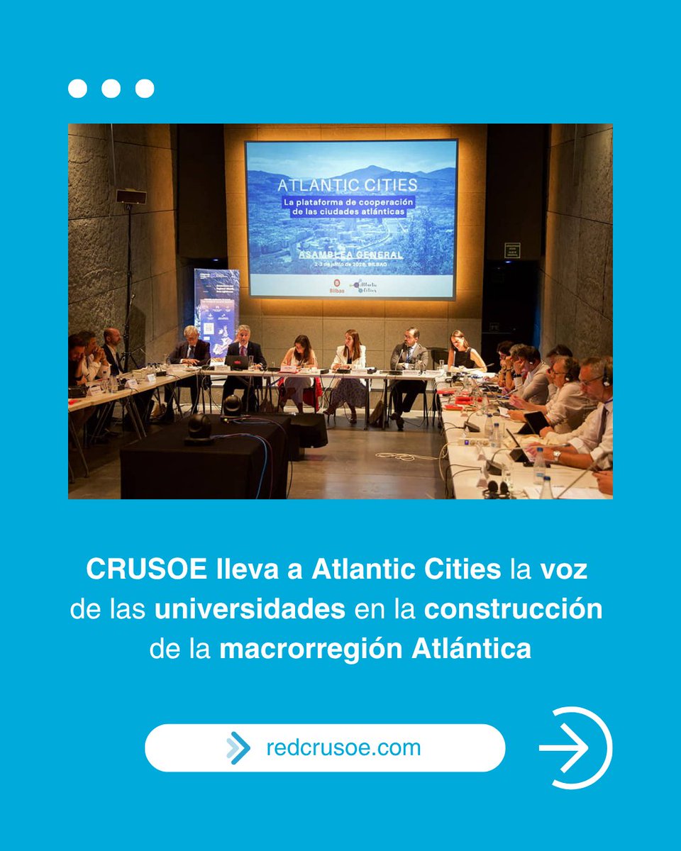 CrusoeRed's tweet photo. 🌊 Atlantic Cities 2026 🌊

La Red CRUSOE pone en valor en Bilbao la voz de las universidades del Suroeste Europeo durante la Asamblea General de Atlantic Cities, defendiendo su papel clave en la futura macrorregión Atlántica.

Un espacio donde destacar la contribución de las universidades como agentes estratégicos de innovación y desarrollo, como recordó la intervención del rector de la Universidade da Coruña y rector de CRUSOE, Ricardo Cao.

La jornada concluyó con la aprobación de la Declaración de Bilbao 2026 🤝📄.

🔗 Lee la noticia completa en https://t.co/56RZyzRtnV

#CRUSOE #ArcoAtlántico #macrorregiónAtlántica #universidades #cooperacióneuropea
