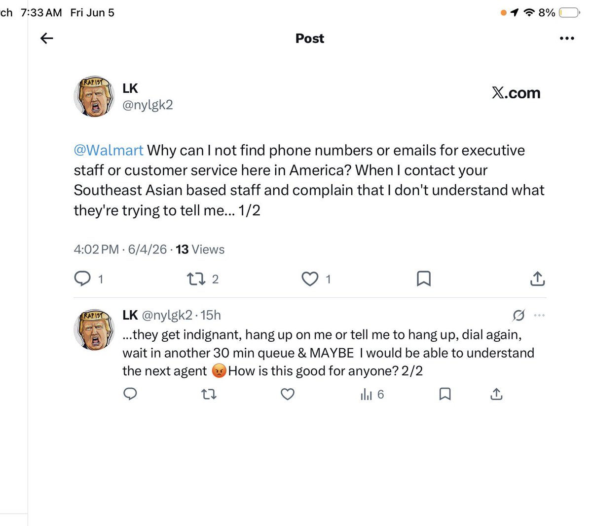 nylgk2's tweet photo. @walmarthelp I know Walmart is busy trying to hawk product but I thought you might have the decency to reply to a my post about a recent order &amp; the trouble I’m having with your Southeast Asia-based Customer Service department, but I guess that was too much to hope for https://t.co/wIEtPBPgSK