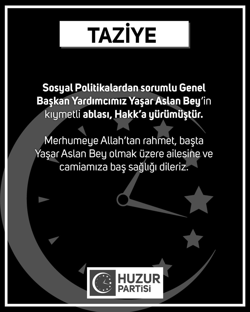 hphuzur's tweet photo. Sosyal Politikalardan sorumlu Genel Başkan Yardımcımız Yaşar Aslan Bey'in kıymetli ablası, Hakk'a yürümüştür.

Merhumeye Allah'tan rahmet, başta Yaşar Aslan Bey olmak üzere ailesine ve camiamıza baş sağlığı dileriz. https://t.co/diqYgBVvFm