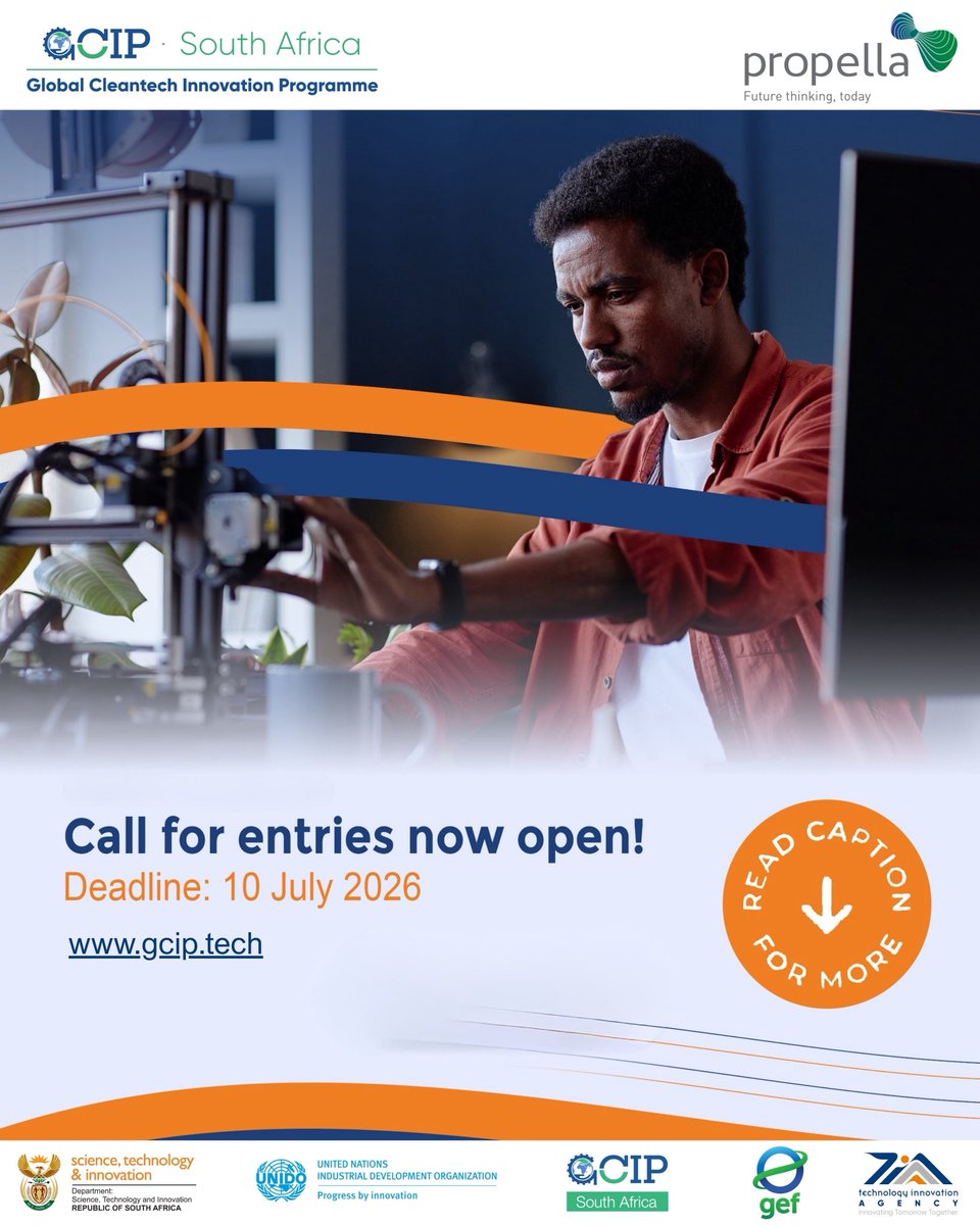 PropellaHub's tweet photo. The Global Cleantech Innovation Programme Call for Applications has opened ♻️

Applications close 10 July 2026.
Click here to start your application: https://t.co/HVeVwduWxr

All queries should be directed to cleantech@tia.org.za
#GCIPSA #Propella #Cleantech #Innovation #Greeneco https://t.co/ih4ywh3jVT