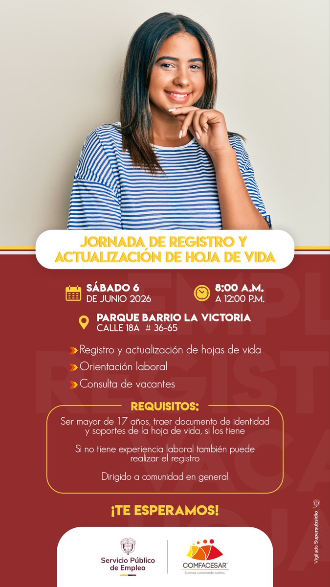 comfacesar's tweet photo. 💼 Este 6 de junio estaremos en el barrio La Victoria con la Jornada de Registro y Actualización de Hoja de Vida del Servicio Público de Empleo.

⏰ 8:00 a.m. a 12:00 p.m.
📍 Parque Barrio La Victoria

Lleva tu documento y soportes. 🚀 #TrabajoSíHay #Comfacesar https://t.co/WBOcAbweVL