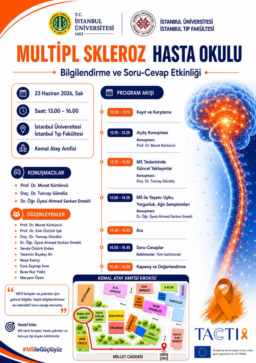 TACTIX_Twinning's tweet photo. 🧠 Join us for our 2nd MS Information Day, organised with Istanbul Faculty of Medicine!

📅 Tuesday, 23 June 2026 | 13:00–16:00 
📍 Kemal Atay Amphitheatre, Istanbul Faculty of Medicine

#StrongWithMS #MultipleSclerosis 
#TACTIX #Twinnig #HorizonEurope 
@REA_research @HorizonEU https://t.co/lL99LN9Xdz
