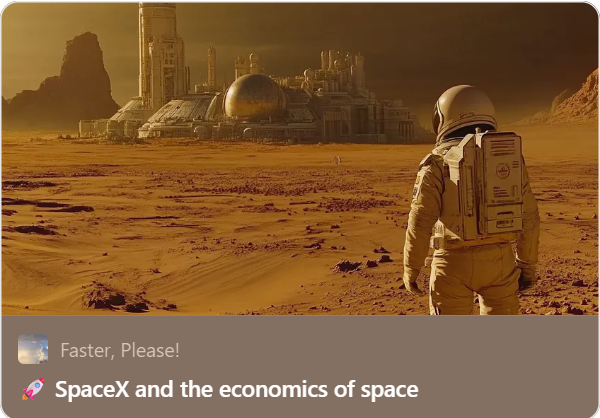 JimPethokoukis's tweet photo. 🚀 SpaceX and the economics of space
Cheaper rockets are only the beginning of the story ...
https://t.co/gzQJWtQ6AI https://t.co/0qZF6UcFC4