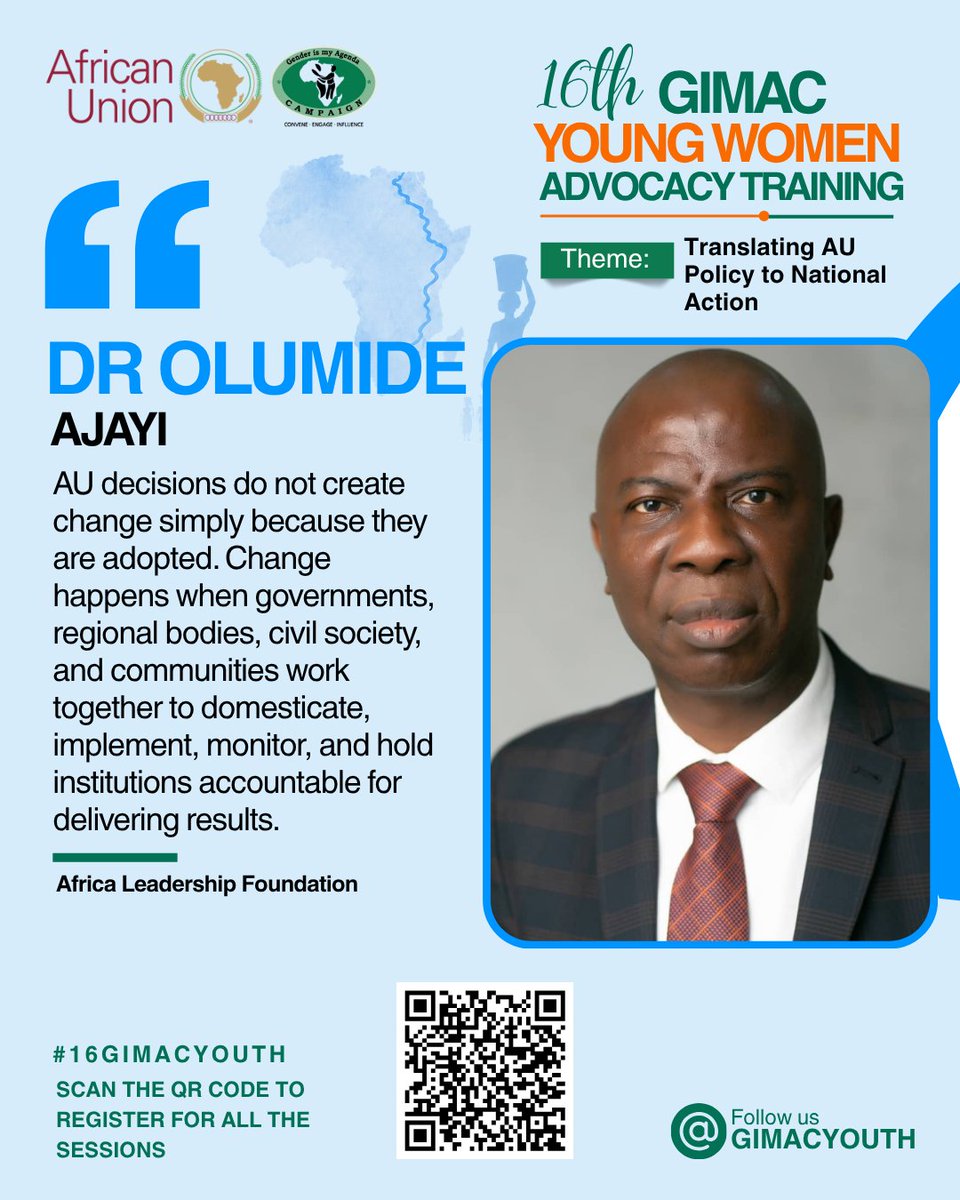 GimacYouth's tweet photo. 🌍 @_AfricanUnion  decisions do not change lives on their own. Change happens when policies are implemented, monitored, and translated into real results for communities. Young women have a vital role in driving that transformation.

#16GIMACYOUTH https://t.co/cnicOkJ1Le