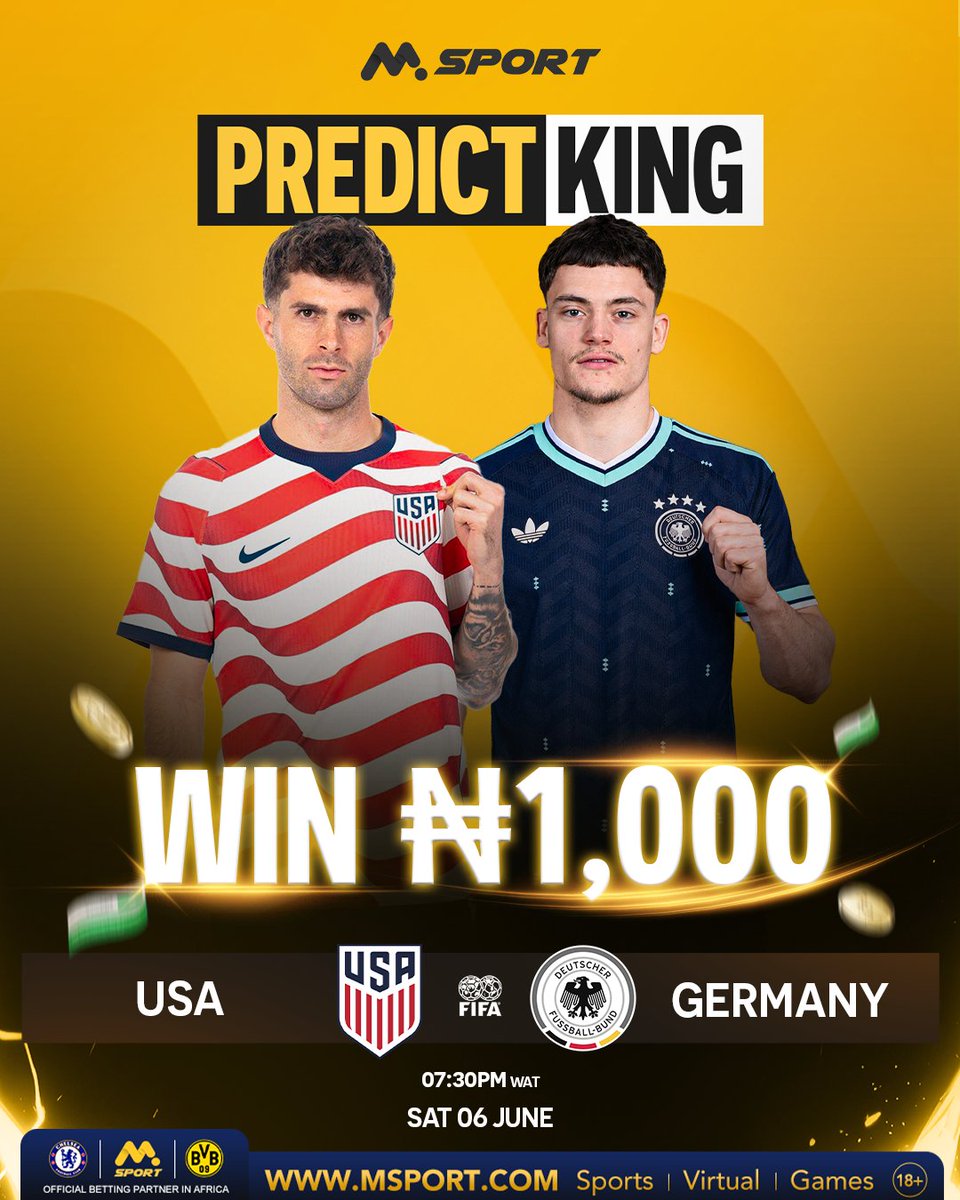 MSportOfficial's tweet photo. Predict the exact score of USA vs Germany and win N1000!

To enter, simply share your prediction along with your recent Trade No. in the comment section below.

How to find your Trade No. on MSport (App/Web):
Me → My Transactions → Any Bet/Winnings Record → Trade No.

Deadline: Closes at kickoff
Note: Multiple entries will be disqualified. Only correct entries with Trade ID will be accepted

#MSport