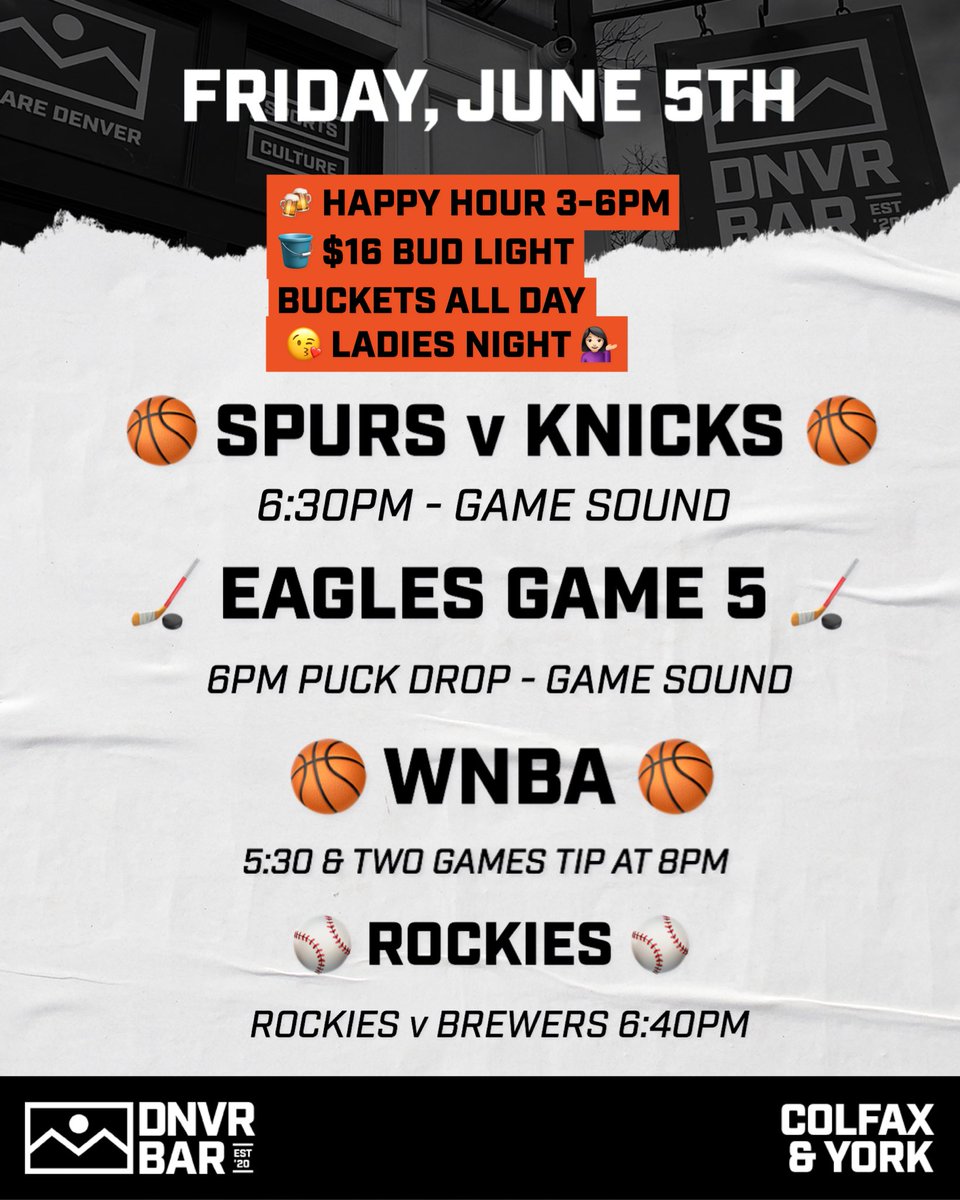 DNVRBAR's tweet photo. Every Friday is Ladies Night. Two for One drinks. Is there a better spot to bring your girl for Game 2 NBA Finals? Game 5 Eagles game?? WNBA? A hot new date? No. The answer is no. See y’all tonight 
💋🥂💁🏻‍♀️🏀🏒⚾️

#nbafinals #denverevents #ladiesnight https://t.co/c4eLsYHM5D