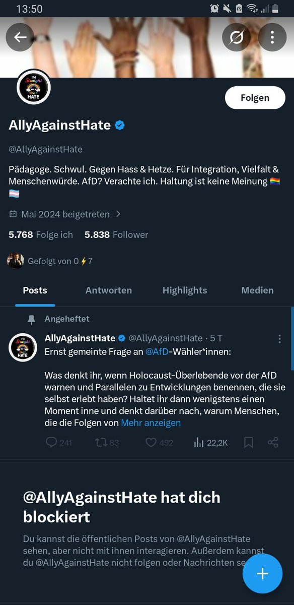 AnarchoFuchs's tweet photo. Ich wurde aus Hass von dem Account AllyAgainstHate geblockt😭
Wo kann ich, als marginalisierte Person, diesen hasserfüllten Akt der Ausgrenzung melden?😭
Wende ich mich jetzt an SoDone??? 
Helft mir bitte https://t.co/sUE20mbIa7
