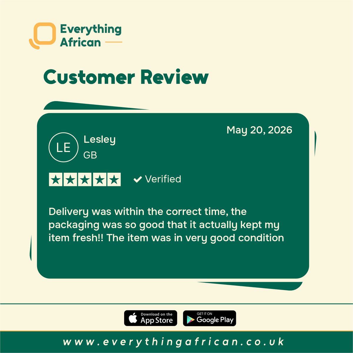 EvrythnAfrican's tweet photo. Every happy customer is a win for us😊💚

We're grateful to be part of your journey to enjoying authentic African flavours in the UK

Thank you for choosing us, recommending us, and sharing your experiences.

#EverythingAfrican #Customerreview #AfricanFoodUK #MyEAExperience https://t.co/fBX8Sa4EdG