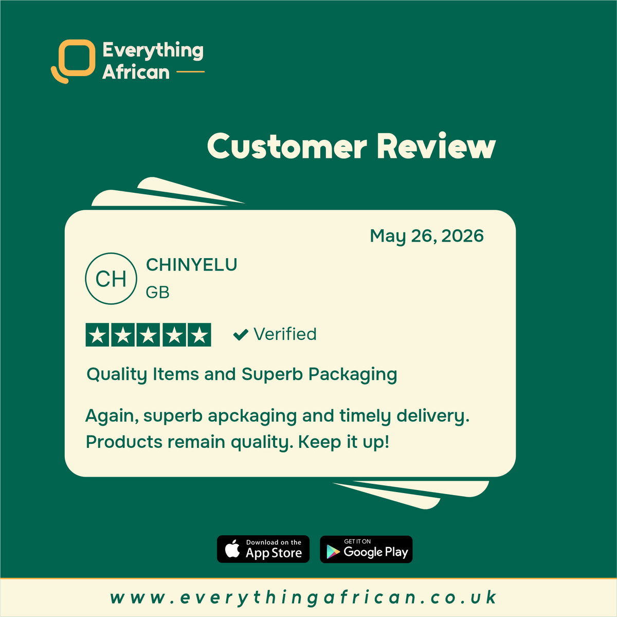EvrythnAfrican's tweet photo. Every happy customer is a win for us😊💚

We're grateful to be part of your journey to enjoying authentic African flavours in the UK

Thank you for choosing us, recommending us, and sharing your experiences.

#EverythingAfrican #Customerreview #AfricanFoodUK #MyEAExperience https://t.co/fBX8Sa4EdG