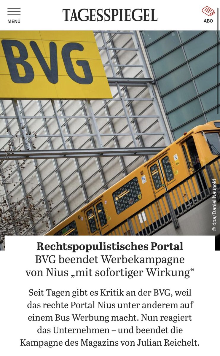sarfeld's tweet photo. So muss das. Wir lieben Dich, @BVG_Unternehmen. 
Hass,  Hetze und Falschinformationen haben im #ÖPNV wie der Berliner U-Bahn nichts zu suchen.
„Rechtspopulistisches Portal: #BVG beendet #Werbekampagne von #Nius „mit sofortiger Wirkung“
Seit Tagen gibt es Kritik an der BVG, weil das rechte Portal Nius unter anderem auf einem Bus Werbung macht. Nun reagiert das Unternehmen – und beendet die Kampagne des Magazins von Julian Reichelt“ @dominikmai @Tagesspiegel 
 @BVG_Kampagne https://t.co/K7uzdRM3EK