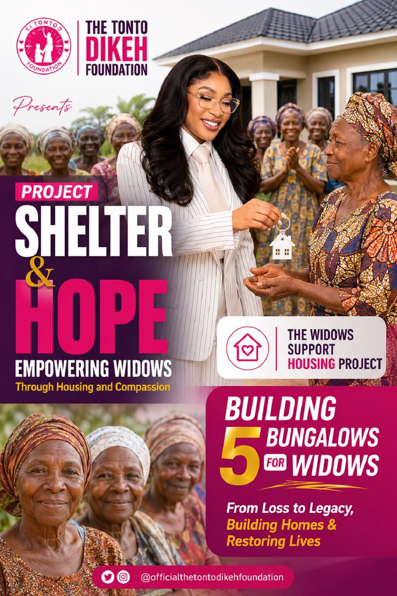 TONTOLET's tweet photo. THE TONTOT DIKEH FOUNDATION IN celebration of the 41st birthday of our Board Chairlady, ENGR. EVANGELIST TONTO, @officalthetontodikehfoundation proudly launches “PROJECT SHELTER & HOPE”.
A transformative initiative dedicated to restoring dignity, stability, and hope to vulnerable widows.

To honor their resilience, strength, and sacrifices, five deserving widows will receive homes of their own, offering not just shelter, but a fresh start and renewed hope for the future.

CALL TO ACTION:- If you are a widow or know someone who qualifies, register through the link in our bio. Don’t miss this opportunity, applications close on 30th June 2026. Terms and conditions apply.

Together, we’re not just building houses, we’re rebuilding hope and changing lives.

Happy 41st Birthday, Ada El Roi. Your compassion continues to inspire and transform lives.

#HAPPYBIRTHDAYENGR #HAPPYBIRTHDAYEVANGELISTTONTO #41WITHGOD #THISIS41