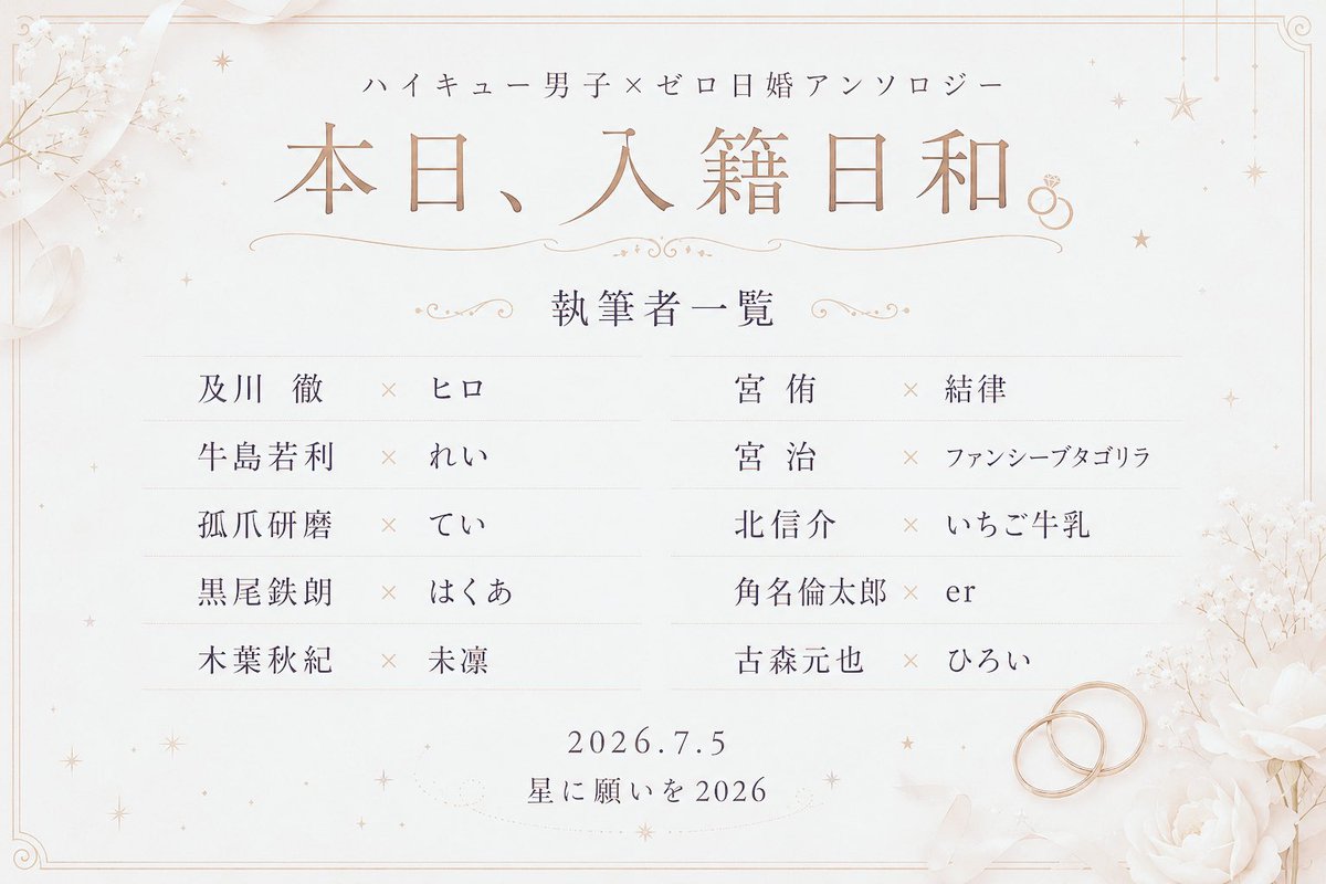 hakumasu0330's tweet photo. 2026.7.5 星に願いを2026にて発行予定
819男子×交際ゼロ日婚アンソロジー

『本日、入籍日和。』

執筆者一覧を公開いたします💍✨（敬称略）

近々、部数アンケートも予定しておりますので、その際はよろしくお願いいたします🙇‍♀️

#819プラス
#HQプラス 🔇 https://t.co/hS2wzRZ2zq