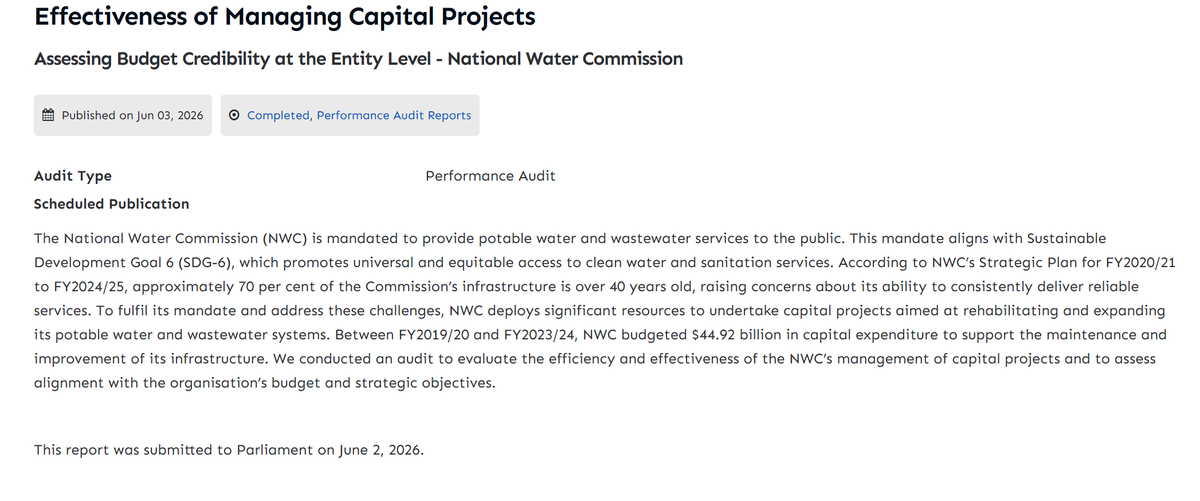 kenyatta_pow's tweet photo. On June 02, 2026, the Auditor-General submitted a report entitled "Assessing Budget Credibility at the Entity Level - National Water Commission"

The summary on the AuG's website appears to indicate concerns about the NWC's ability to deliver equitable access to clean water and sanitation services.

I wonder when the Parliament's presiding officers will table this report. It seems to me that the report's subject matter is so important that it demands immediate tabling.

https://t.co/8fNrq4qlRR