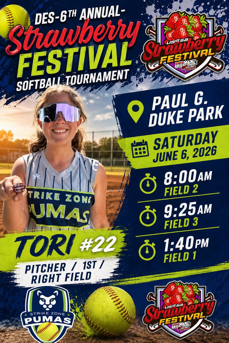 TaHartman11's tweet photo. Tournament schedule is out and we are ready to play! #PumaSoftball #Strikezone #StrawberryFestival 
#Softball #Pitcher #Classof2029 https://t.co/BpfQ4Ovhjs