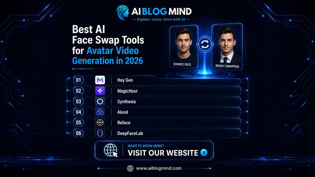 Aiblogmind's tweet photo. Most creators are still editing videos manually.
Meanwhile, AI can now generate realistic avatar videos with face swapping in minutes.
Here are 6 AI face swap tools worth trying in 2026 👇
HeyGen
MagicHour
Synthesia
Akool
Reface
DeepFaceLab
Save this post for later 🚀 https://t.co/bGgJqFSjTE