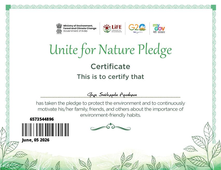 ghps_satheglagr's tweet photo. Certificate of Appreciation for E-Pledge on 𝐔𝐧𝐢𝐭𝐞 𝐟𝐨𝐫 𝐍𝐚𝐭𝐮𝐫𝐞 𝐏𝐥𝐞𝐝𝐠𝐞 via @mygovindia portal.
🗓️ June 5, 2026
#WED26
#NatureForFuture
📍@ghps_satheglagr
@CMofKarnataka @ShalaShikshana @moefcc @NGCKarnataka @MissionLiFE_ @SSK_Karnataka @DpiDsert @dcchnagar https://t.co/UWwQ76gBRC