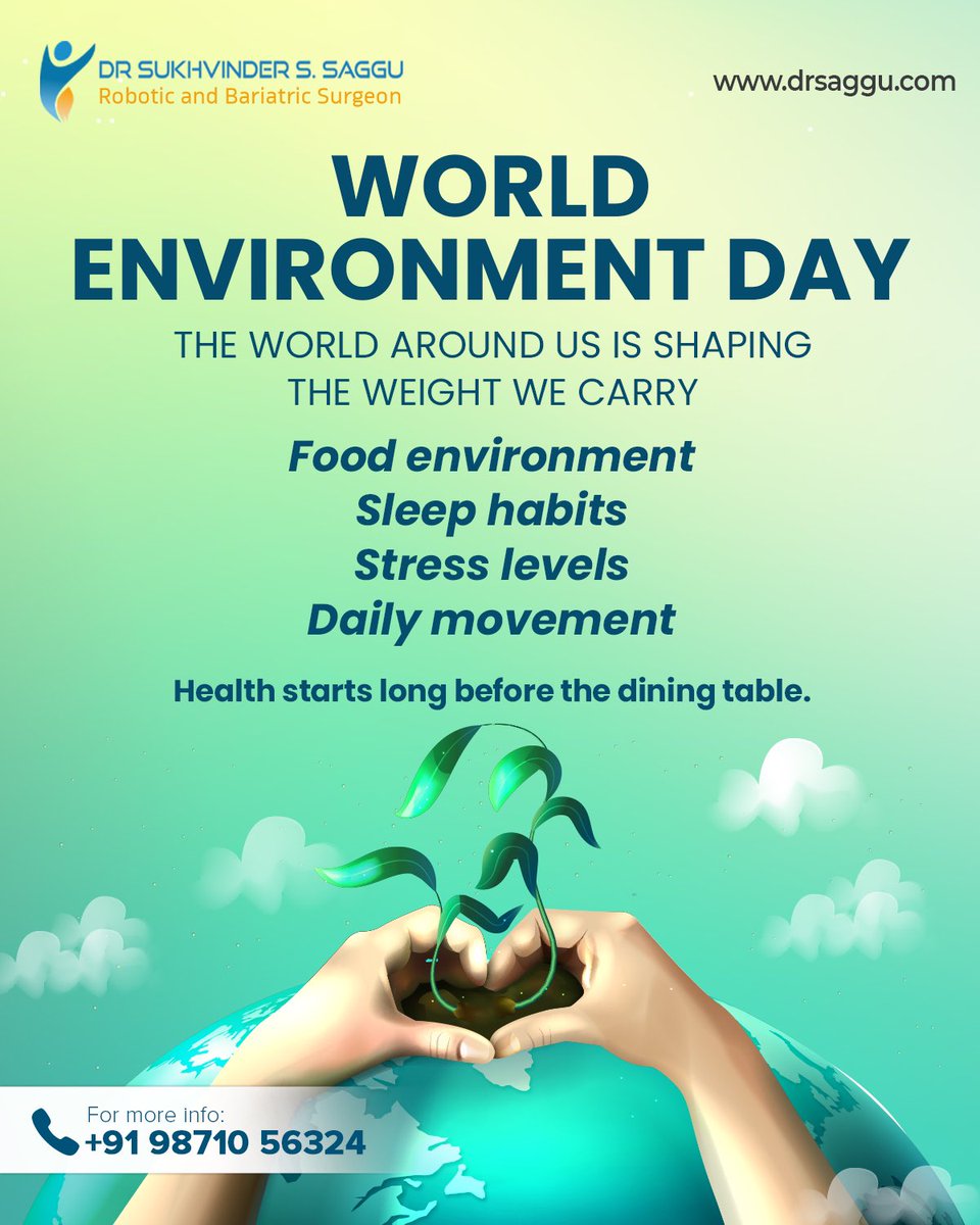 drsaggu's tweet photo. Obesity is not influenced by food choices alone. Our surroundings shape how we eat, move, sleep and manage stress, all of which affect metabolic health.

Creating healthier environments can help support healthier lifestyles and long-term wellbeing.

#WorldEnvironmentDay https://t.co/nGYTCPKgY3