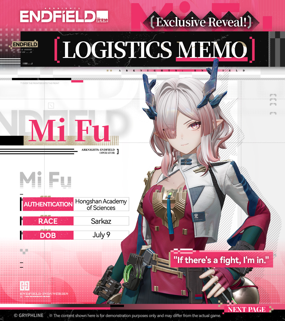 AKEndfield's tweet photo. Logistics Memo - Exclusive Reveal! | Mi Fu
[Current Data Status: Stored]

>>> Comprehensive operator intel has been uploaded! Please take a look, Endministrator!

#ArknightsEndfield #Endfield #SketchesOfLostHeirlooms https://t.co/nnHOYOlEVD
