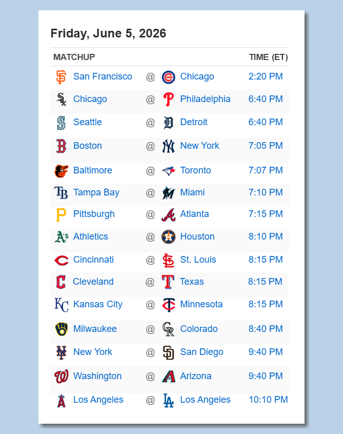 BSmile's tweet photo. Here's the #MLB schedule for Friday, June 5th - PLAY BALL!!! https://t.co/AqIyuDZURF