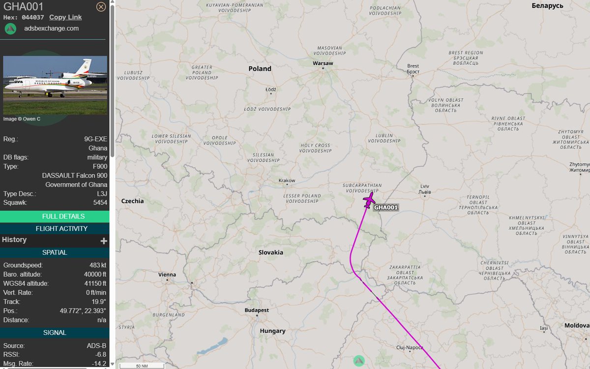 PolishMilRadar's tweet photo. 📅 05.06 🕒 14:03LT - 🇬🇭✈️ Falcon 900EX tranzytem 🇧🇾
🇬🇭 Rząd Ghany
✈️ Dassault Falcon 900EX EASy "9G-EXE"
🛫 Kair #HECA 🇪🇬
🛬 Mińsk #UMMS 🇧🇾
#GHA001 leci na FL400
🔗 https://t.co/Ic2KmO2TA3
#POLMILRADAR https://t.co/wBIdpB1OmJ