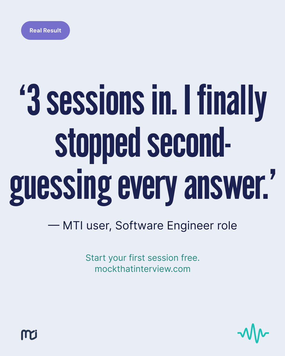 MockThatIntvw's tweet photo. "3 sessions in. I finally stopped second-guessing every answer."

MTI user, Software Engineer.

https://t.co/fI0ZTnd5BJ https://t.co/XS79MHMCJP