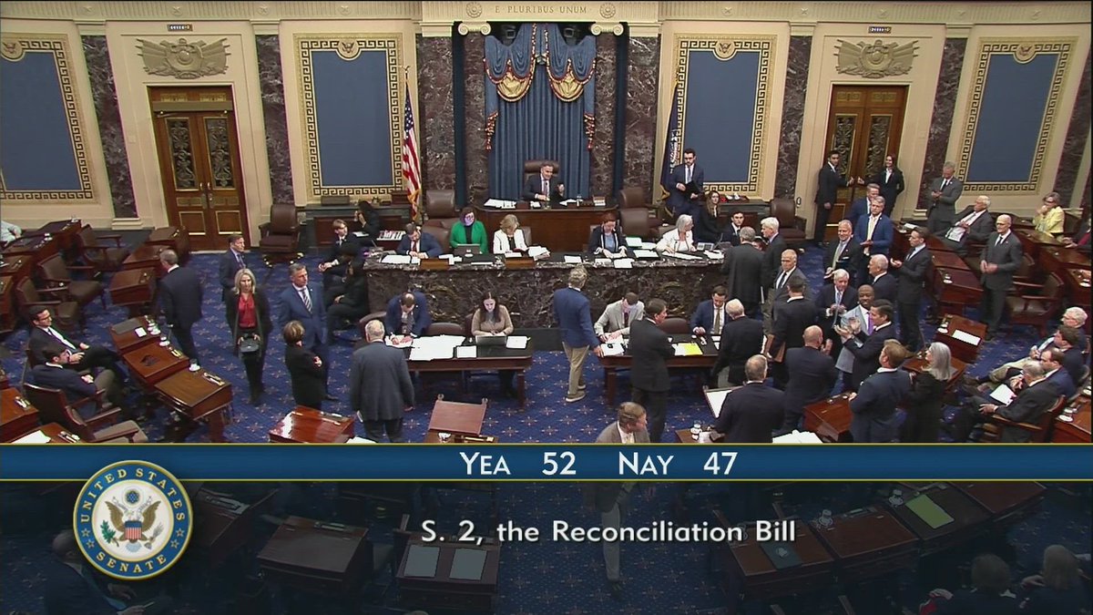cspan's tweet photo. 4:51am -- U.S. Senate PASSES reconciliation bill funding ICE &amp; CPB until the end of President Trump's term in 2029, 52-47.

Goes now to the U.S. House. https://t.co/IxeOUaa5U4