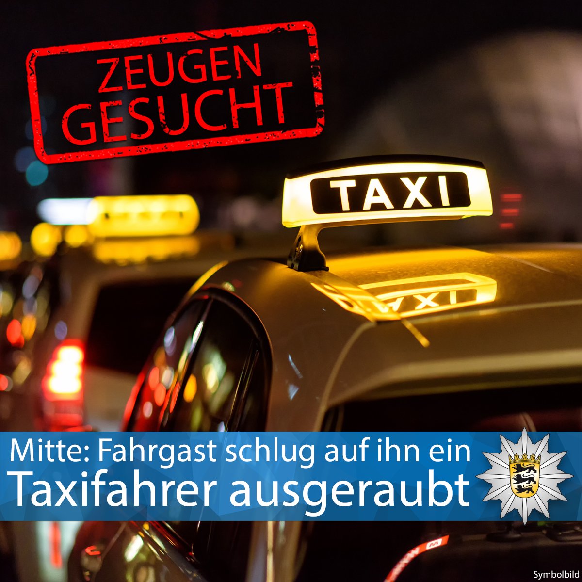 PP_Stuttgart's tweet photo. #Mitte Ein Unbekannter hat am Mittwoch gegen 22.30 Uhr in der Werastraße einen 38-jährigen Taxifahrer geschlagen und dessen Handy geraubt. Zuvor war er mit zwei Begleitern am Leonhardsplatz eingestiegen. Zur Pressemeldung ▶️ https://t.co/8cbqxUFsTV Eure #Polizei #Stuttgart https://t.co/6frpluyp9E