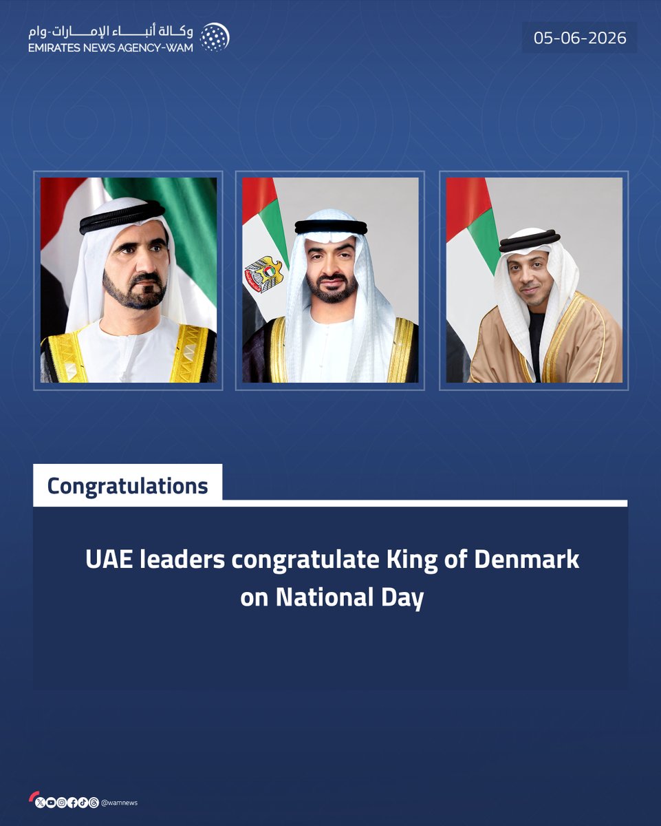 WAMNEWS_ENG's tweet photo. UAE leaders congratulate King of #Denmark on National Day

#WamNews 

https://t.co/GycsFA9JPP https://t.co/w97XwGuUj4