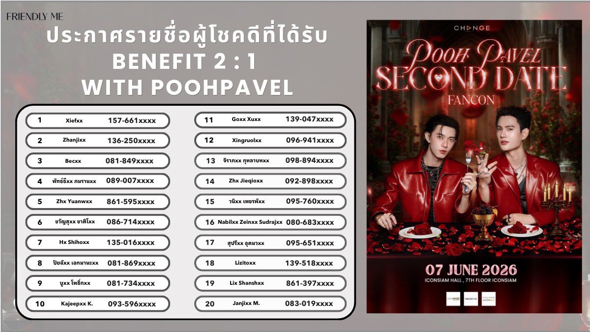 FriendlyMe_TH's tweet photo. ประกาศรายชื่อผู้โชคดีสำหรับ 
Benefit Digital Photo 2 : 1 with PoohPavel ในงาน POOH PAVEL SECOND DATE FANCON ❤️‍🔥

สำหรับผู้โชคดีมาลงทะเบียนที่ Booth Friendly Me ภายในงานเวลา 12.30 - 13.00 น. เท่านั้น โดยนำเอกสารยืนยันตัวตนมาที่บูท

#FriendlyMe 
#FriendlyMeTH
#FriendlyMeMist 
#ppoohkt #pavelphoom
#PoohPavelSecondDateFancon