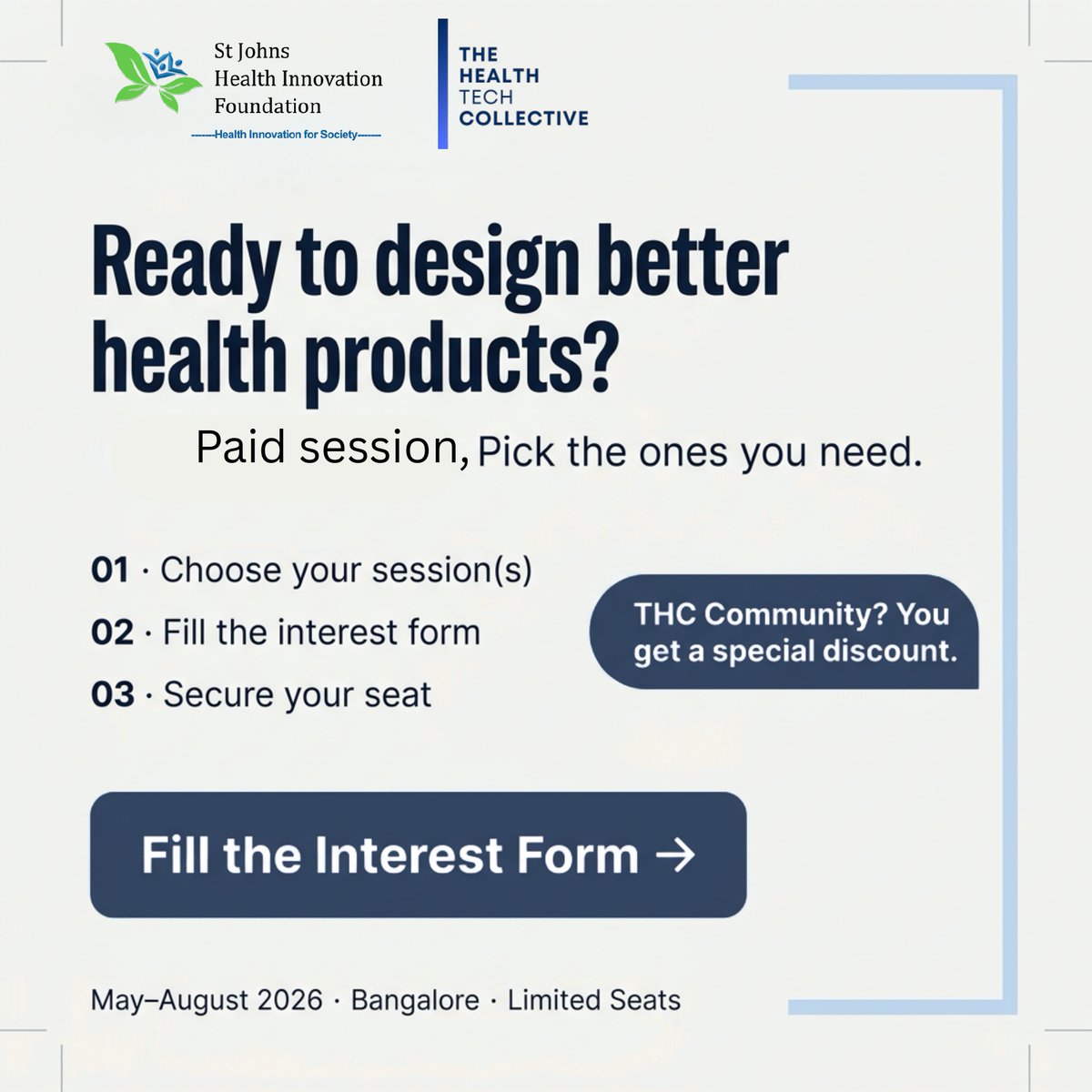 SJHIF's tweet photo. 🚀 Build better healthcare products with #DesignThinking!
Join our 7-session workshop series, Design Thinking for Health Tech, organized by @SJHIF in partnership with #THC

📅 Starts June 12, 2026 (Biweekly)
⏰ 4–7 PM
💰 ₹4,000/session

Register: https://t.co/hYE9Of0iwH https://t.co/LaD5bSolXb